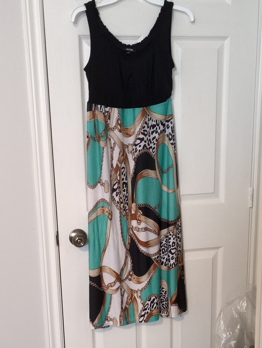 Jacob Black Bodice Midi Dress with Teal & Gold Chain Print